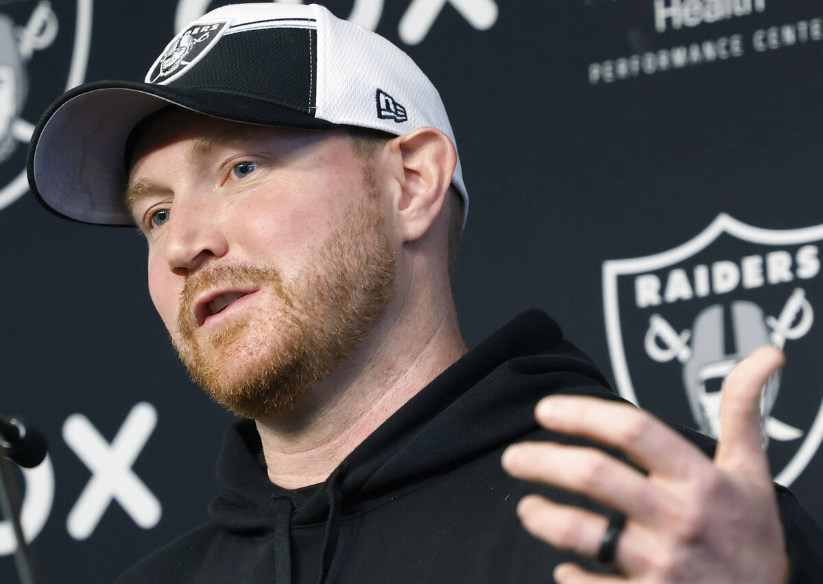 Raiders tight ends coach Luke Steckel addresses the media before team's practice at the Intermo ...