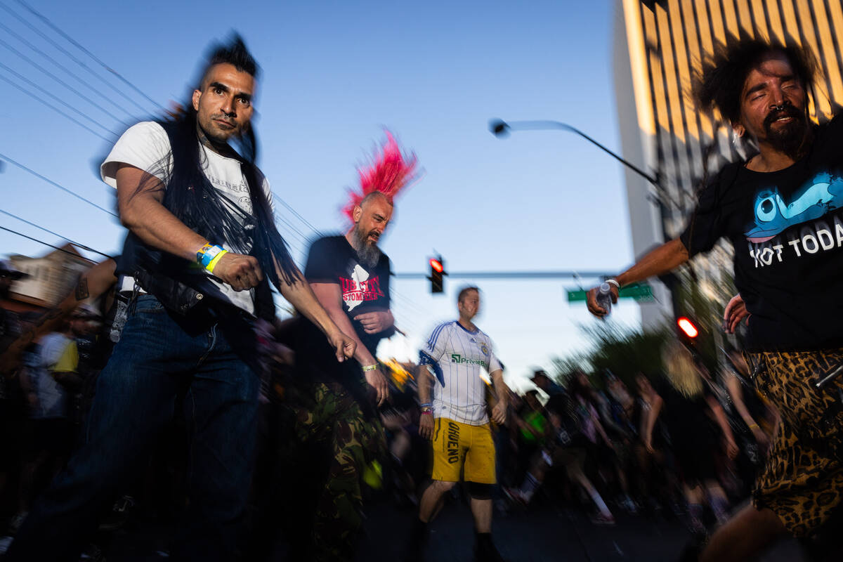 Festival attendees mosh as Scowl performs during the Punk Rock Bowling music festival at Downto ...