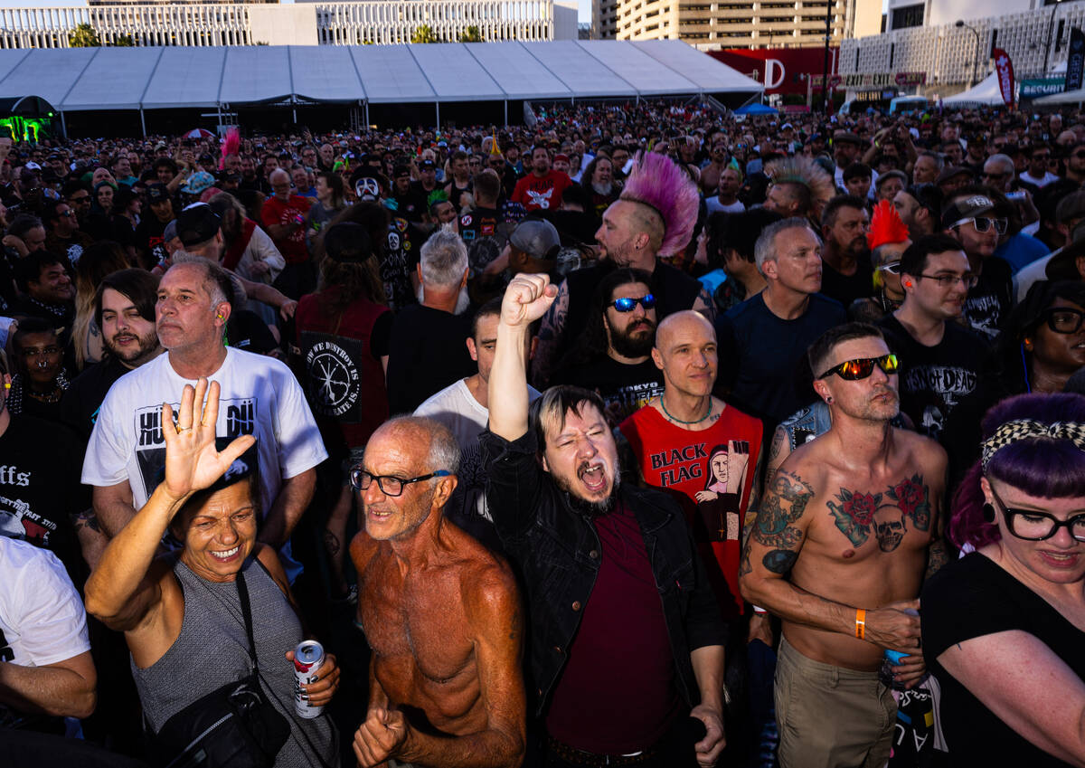 Fans cheer as Stiff Little Fingers perform performs during the Punk Rock Bowling music festival ...