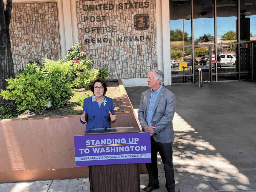 U.S. Sen. Jackie Rosen, D-Nev., and Nevada Governor Joe Lombardo speak at a news conference out ...