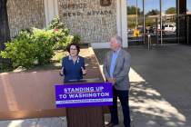 U.S. Sen. Jackie Rosen, D-Nev., and Nevada Governor Joe Lombardo speak at a news conference out ...