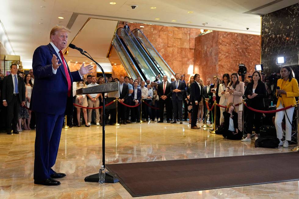 Former President Donald Trump speaks during a news conference at Trump Tower, Friday, May 31, 2 ...