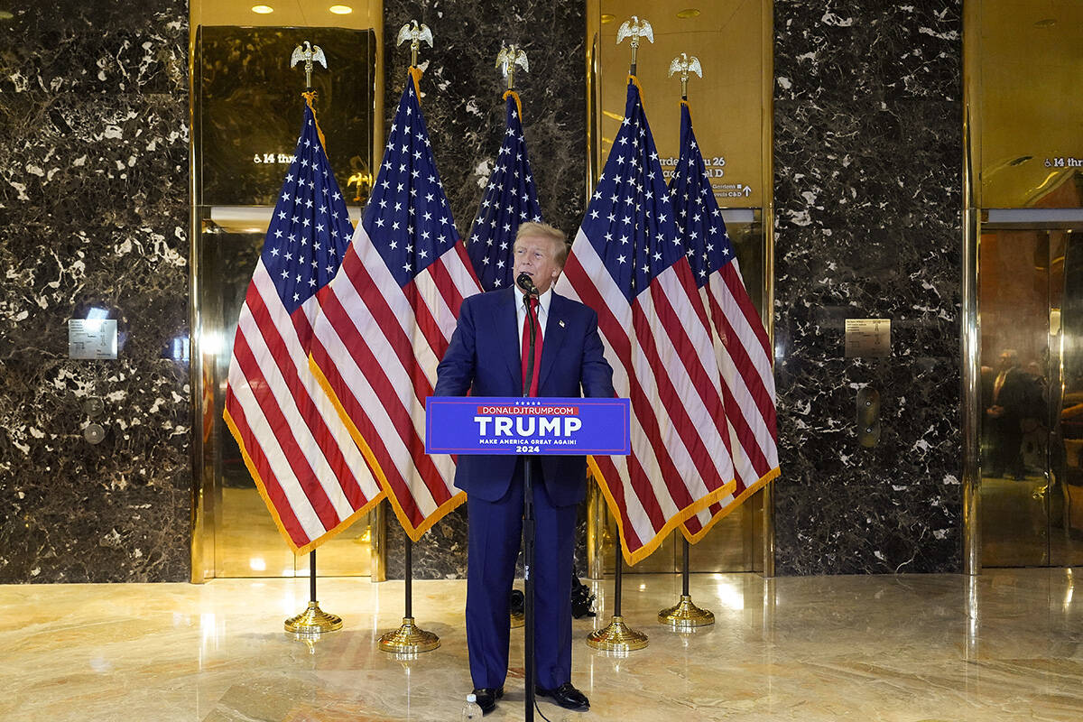 Former President Donald Trump speaks during a news conference at Trump Tower, Friday, May 31, 2 ...