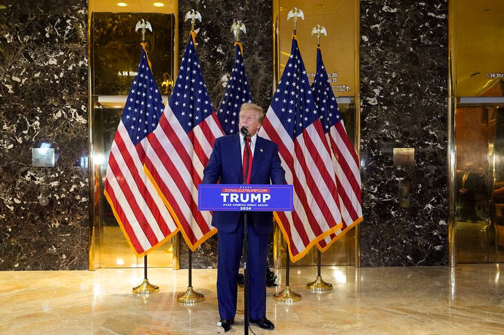 Former President Donald Trump speaks during a news conference at Trump Tower, Friday, May 31, 2 ...