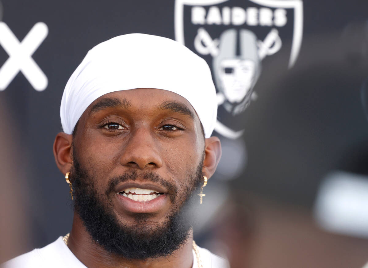 Raiders running back Alexander Mattison addresses the media after team's practice at the Interm ...