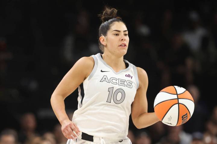Las Vegas Aces guard Kelsey Plum (10) during a WNBA basketball game, Tuesday, May 14, 2024, in ...