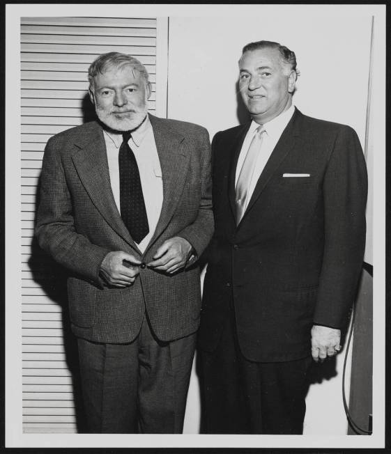 Ernest Hemingway, left, and Jack Entratter are seen during Hemingway’s 1959 visit to Las ...