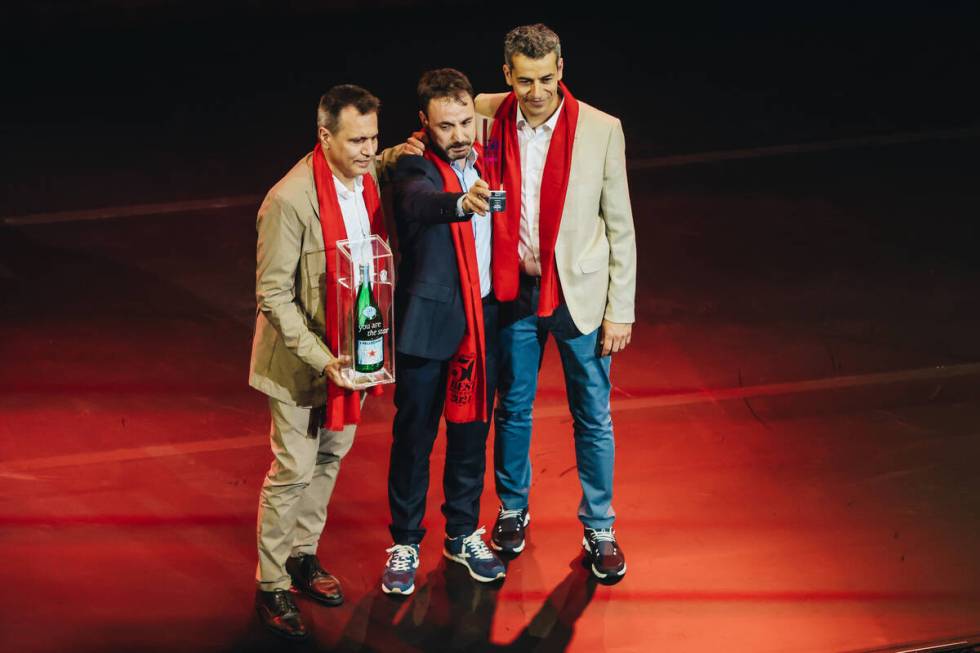 Chefs from Disfrutar pose on stage after being awarded best restaurant during the World’ ...