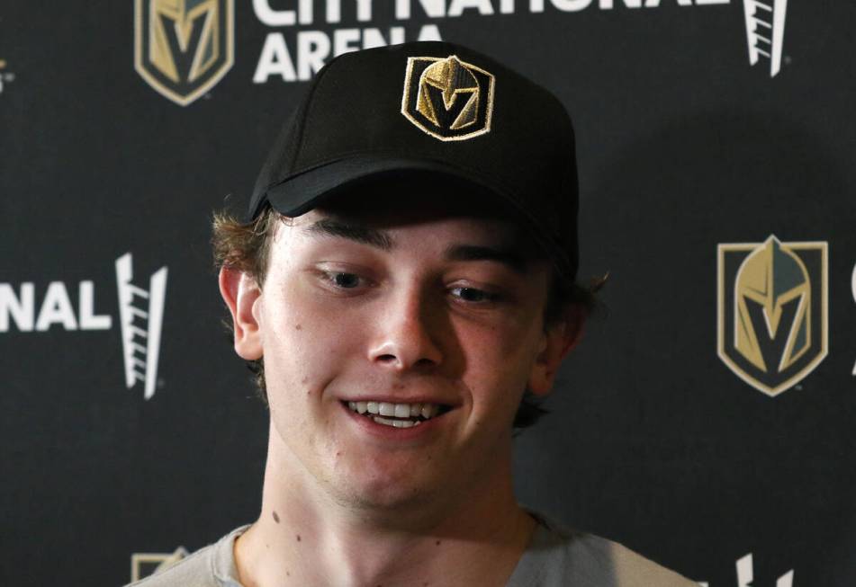 Golden Knights forward Cody Glass speaks to the media at City National Arena on Thursday, Sept. ...