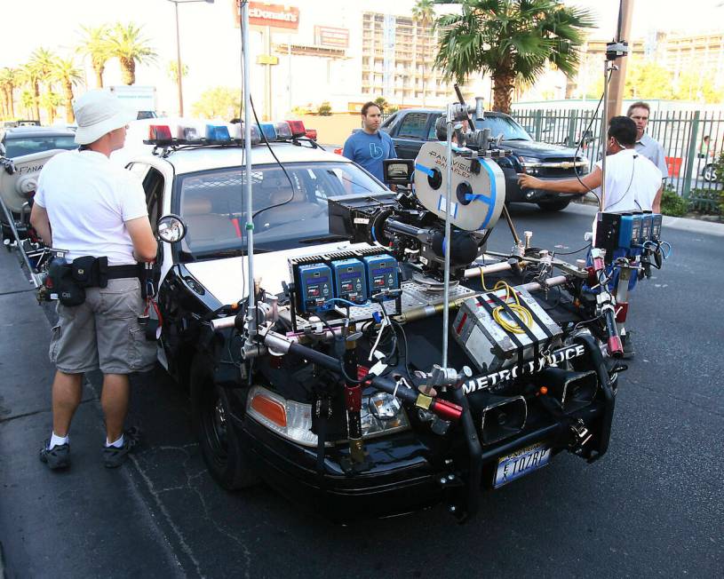 A Metro cruiser is outfitted for filming of the Movie "The Hangover" that is filming on the Las ...