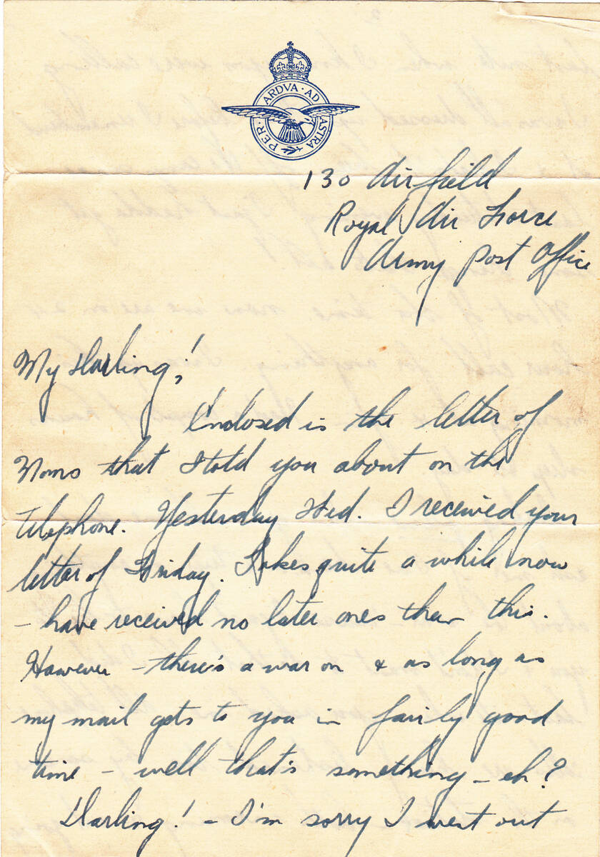 This is a photo of a letter that Gordon Gibson, a Canadian Royal Air Force reconnaissance pilot ...