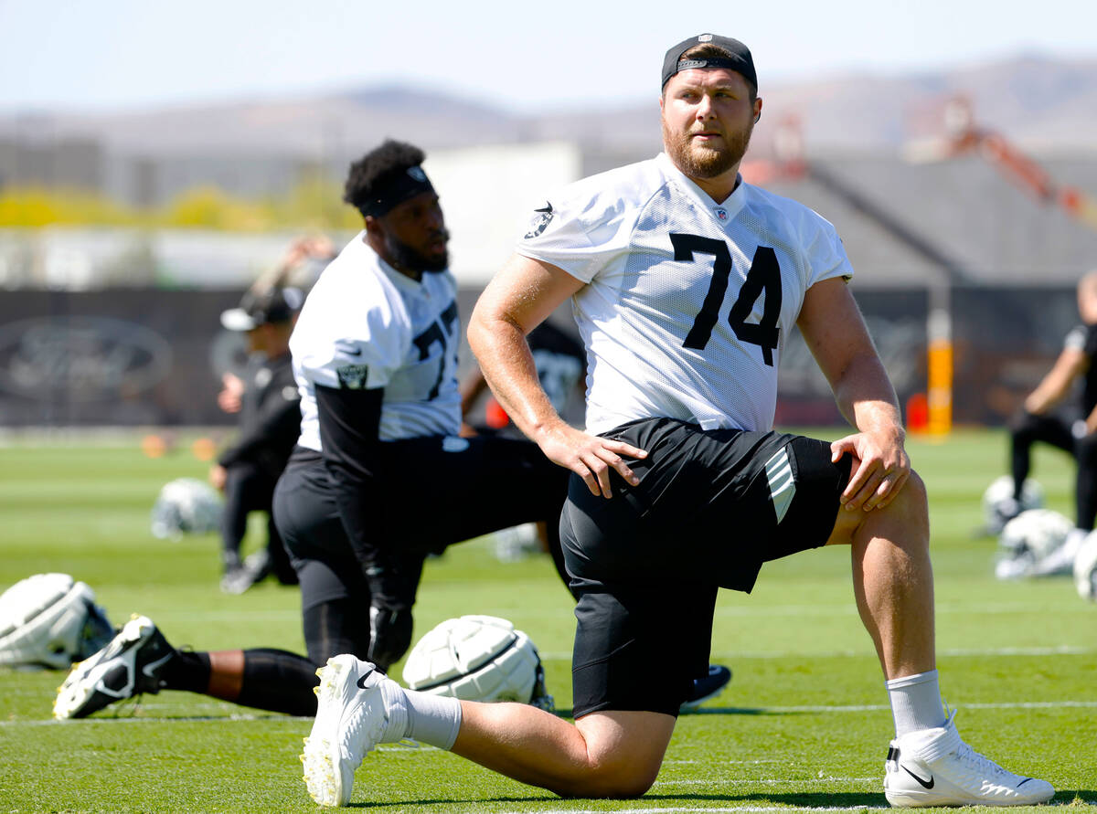 Raiders offensive tackle Kolton Miller (74) stretches during team's practice at the Intermounta ...