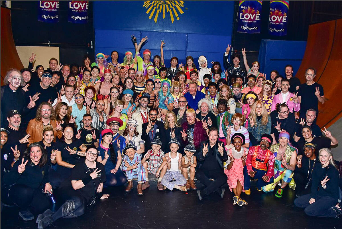 Ringo Starr and His All-Starr Band pose with the cast of The Beatles "Love" by Cirque du Soleil ...