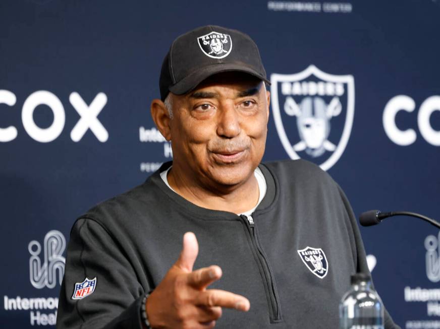 Raiders assistant head coach Marvin Lewis addresses the media before team's practice at the Int ...