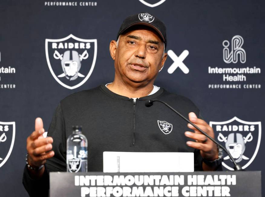 Raiders assistant head coach Marvin Lewis addresses the media before team's practice at the Int ...