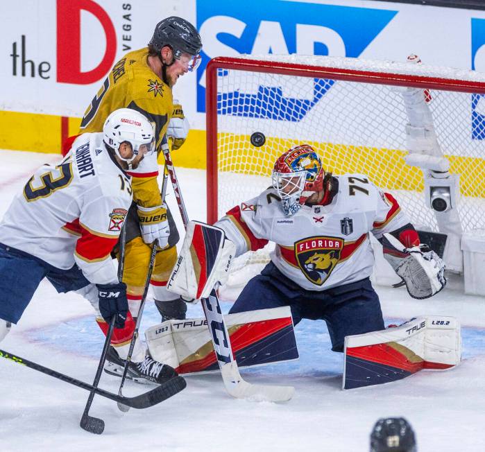 Golden Knights center Jack Eichel (9) nearly scores on Florida Panthers goaltender Sergei Bobro ...