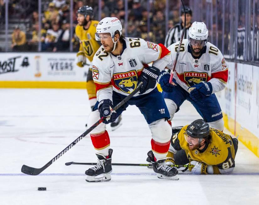 Florida Panthers defenseman Brandon Montour (62) takes control of the puck after Golden Knights ...