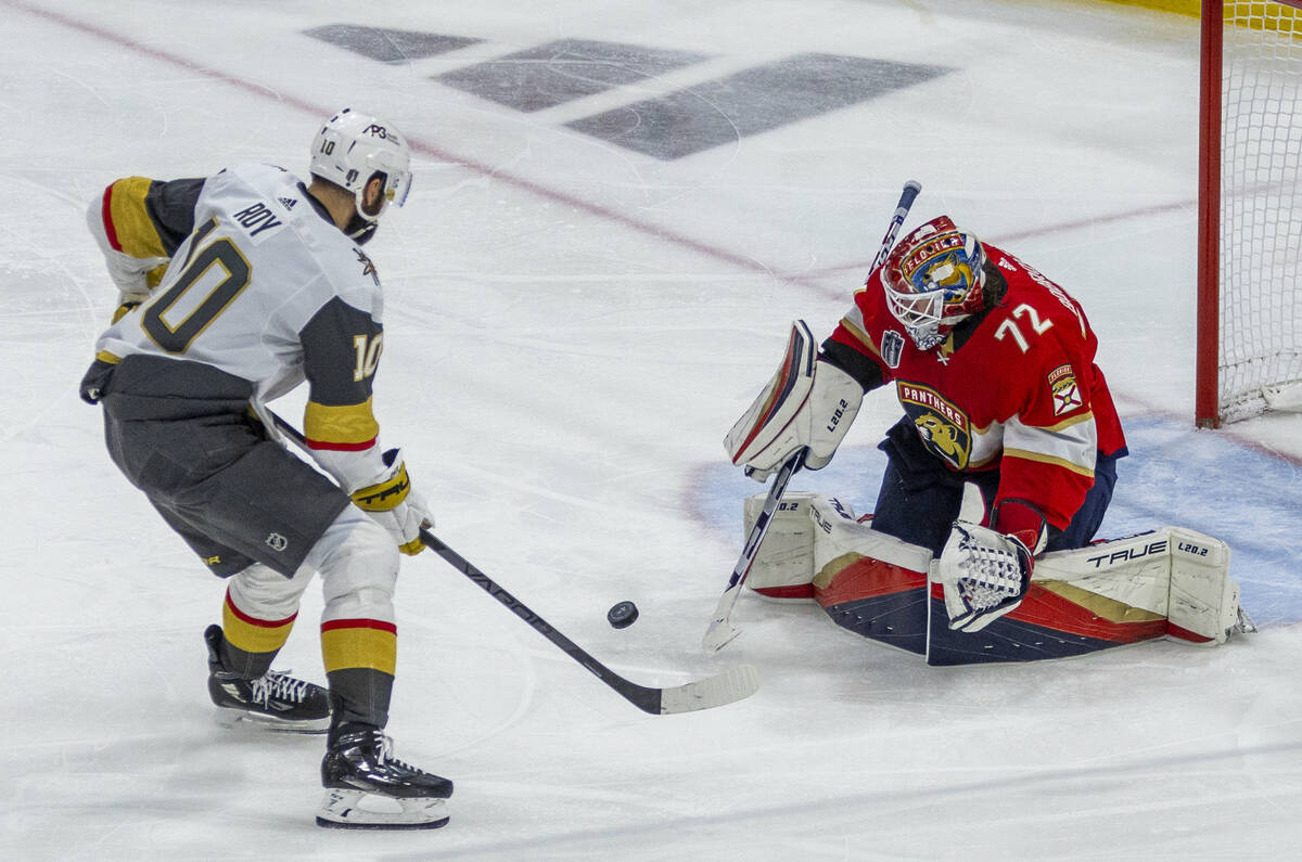 Golden Knights center Nicolas Roy (10) looks to score on fast break but is rejected by Florida ...