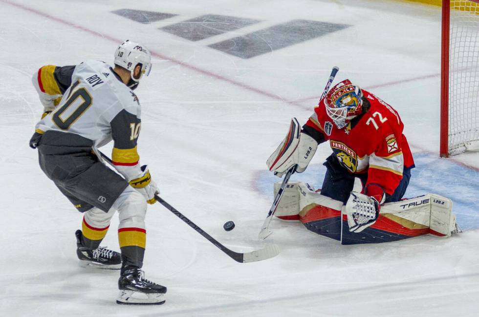 Golden Knights center Nicolas Roy (10) looks to score on fast break but is rejected by Florida ...