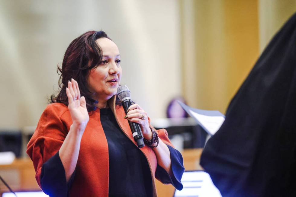 Ramona Esparza-Stoffregan, former principal of Valley High School, at City Hall in Las Vegas, T ...