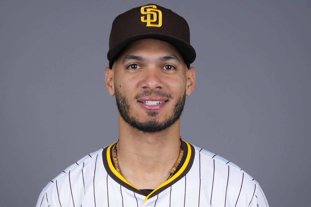 San Diego Padres baseball infielder Tucupita Marcano poses for a photo Feb. 20, 2024, in Peoria ...