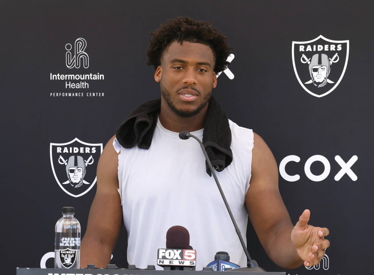 Raiders team's defensive end Malcolm Koonce addresses the media after organized team activities ...