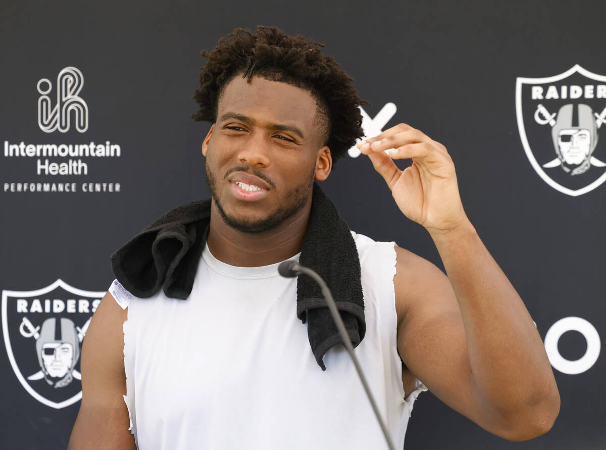 Raiders team's defensive end Malcolm Koonce addresses the media after organized team activities ...