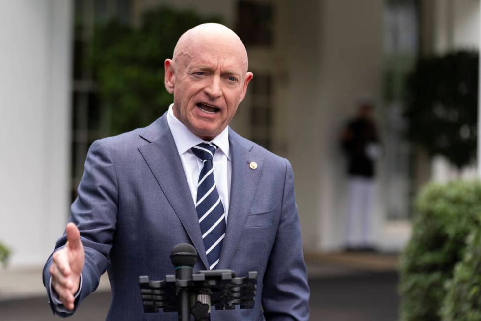 Sen. Mark Kelly, D-Ariz., speaks about the southern border outside the West Wing of the White H ...