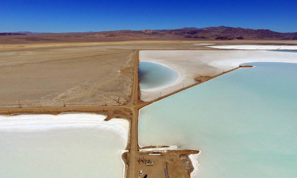 Lithium brine evaporation ponds are seen at Albemarle's lithium mine in Silver Peak, Nevada, on ...