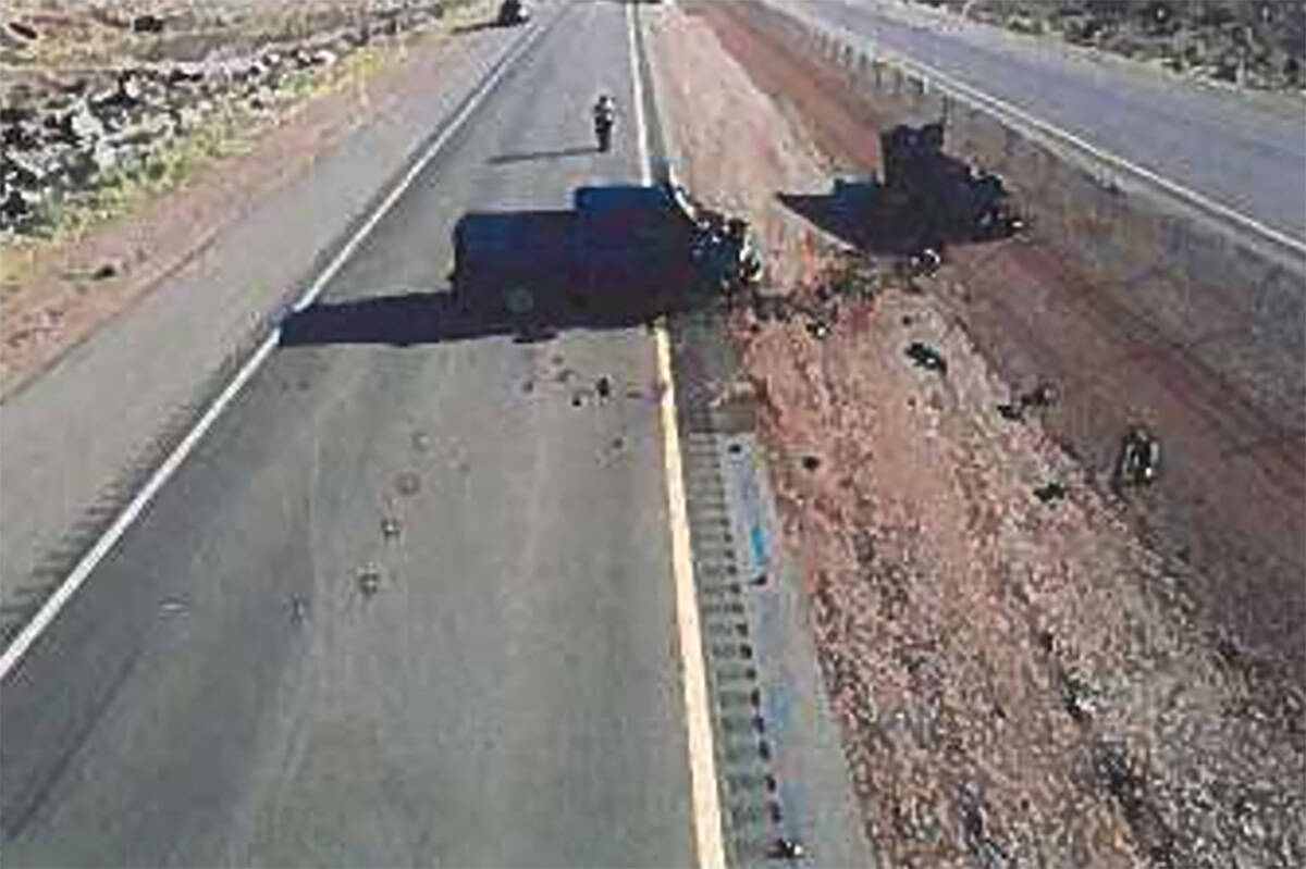 A photo provided by Nevada Highway Patrol shows the scene a crash near Boulder City on Saturday ...