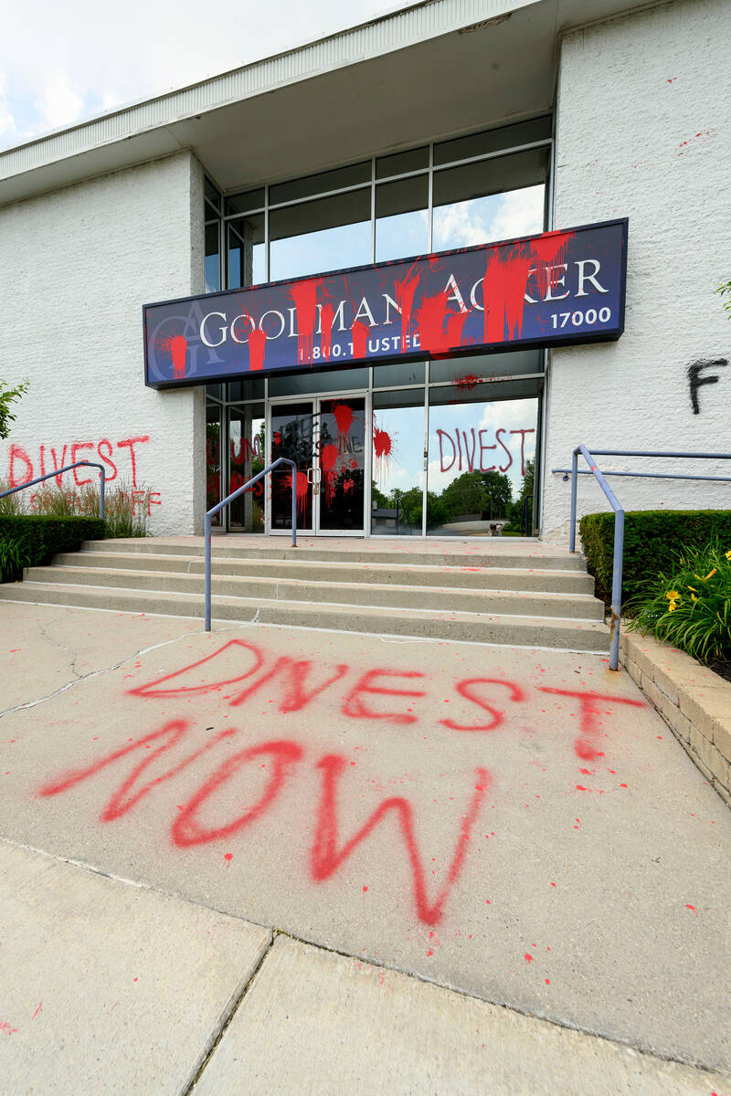 Graffiti is visible on the exterior of the Goodman Acker law firm, in Southfield, June 3, 2024. ...