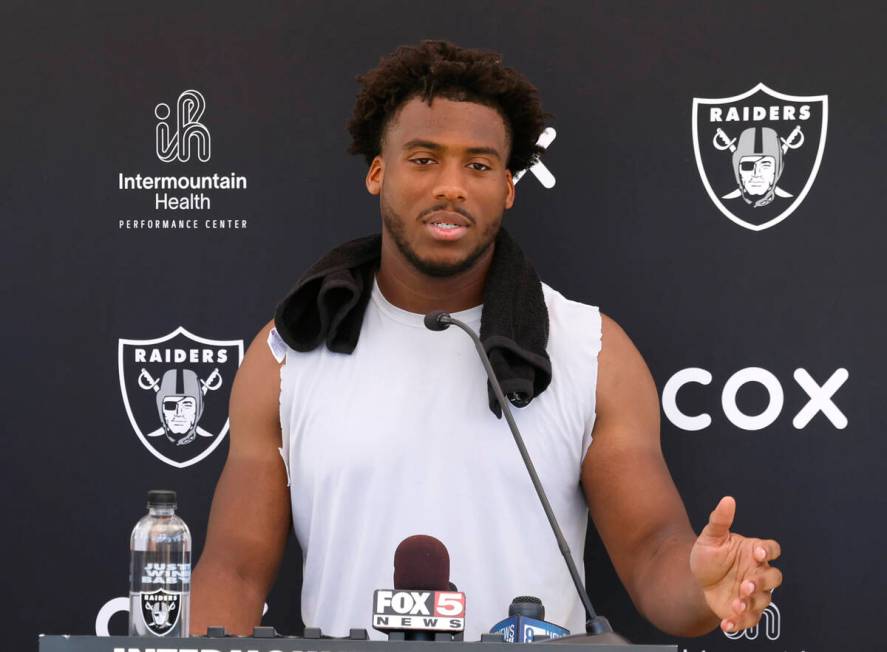 Raiders team's defensive end Malcolm Koonce addresses the media after organized team activities ...