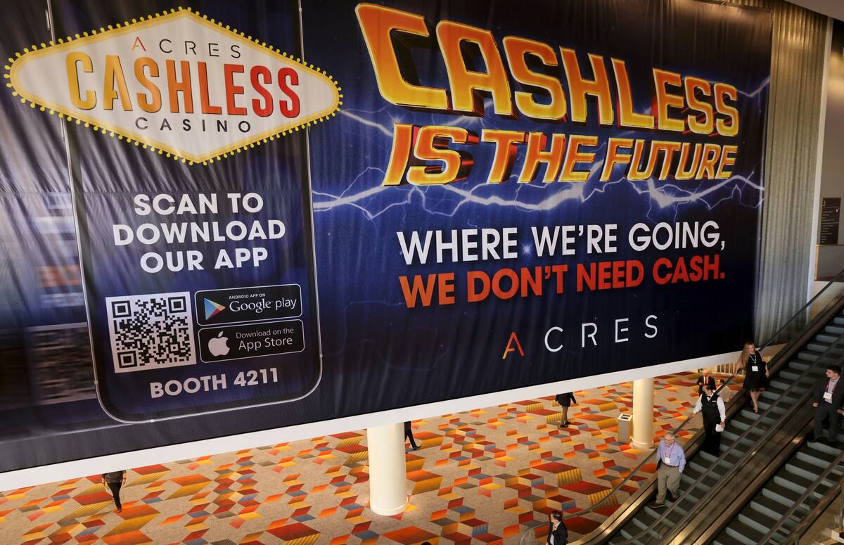 An Acres Cashless Casino banner at the Global Gaming Expo (G2E) at The Venetian Expo in Las Veg ...