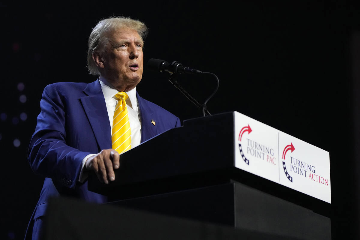 Republican presidential candidate, former President Donald Trump speaks at a campaign rally, Th ...