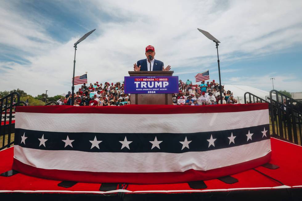 Former President Donald Trump speaks at a rally at Sunset Park on Sunday, June 9, 2024, in Las ...