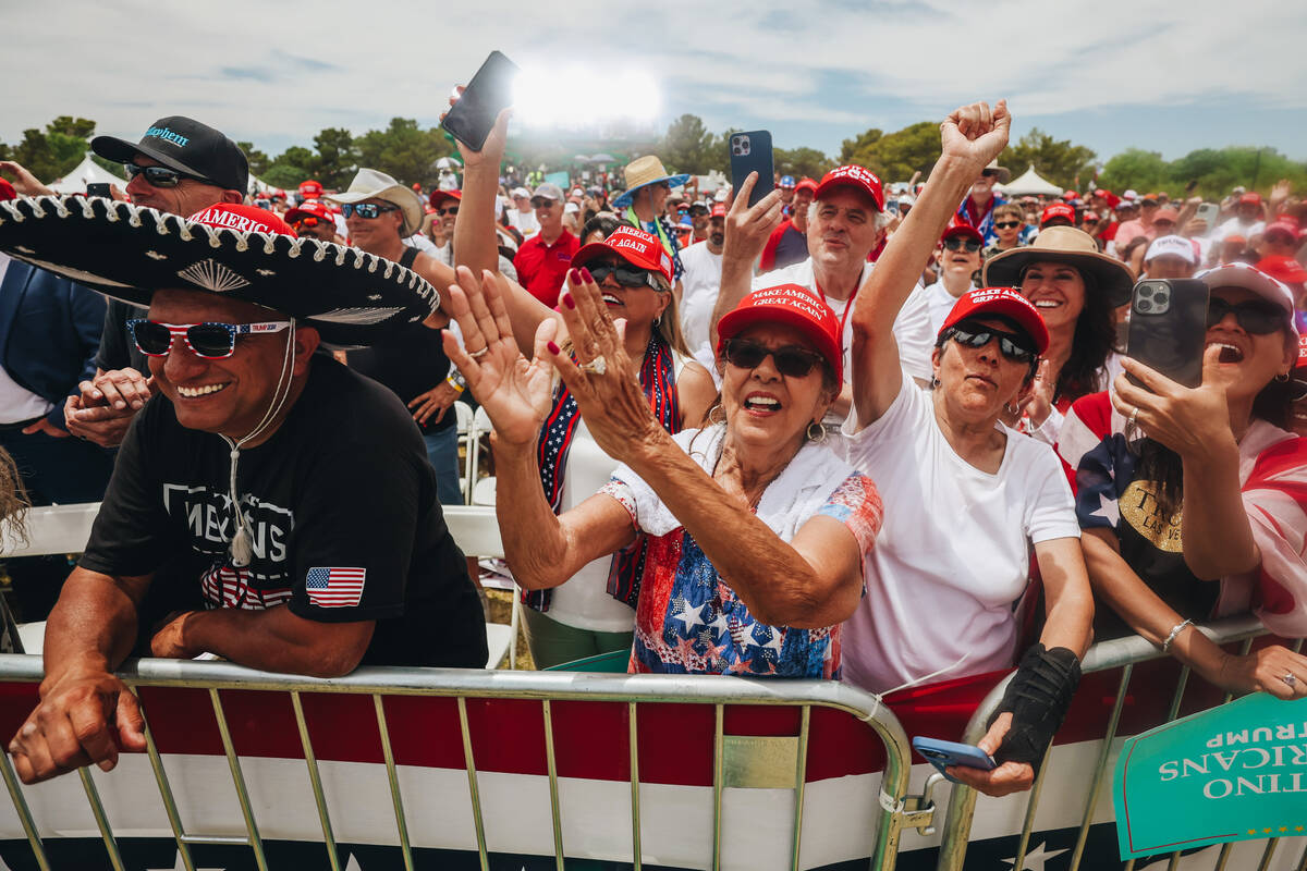 Fans cheer as former President Donald Trump speaks at a rally at Sunset Park on Sunday, June 9, ...