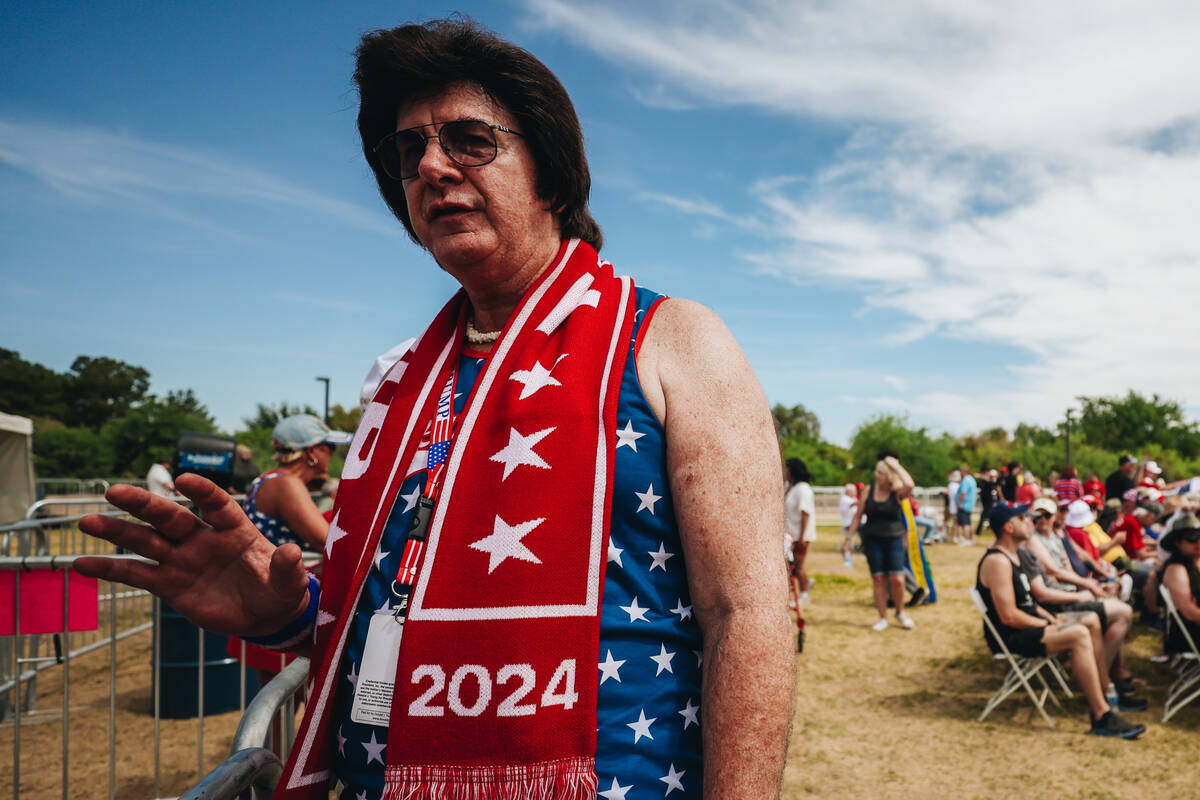 Elvis impersonator Jeff Stanulis speaks to the Review-Journal at a rally for former President D ...