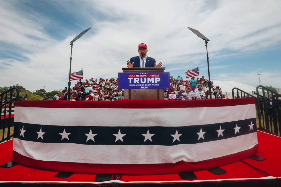 Former President Donald Trump speaks at a rally at Sunset Park on Sunday, June 9, 2024, in Las ...