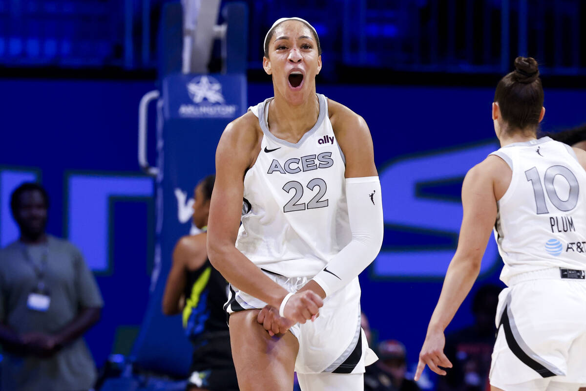 Las Vegas Aces center A'ja Wilson reacts after scoring from a three-pointer against the Dallas ...
