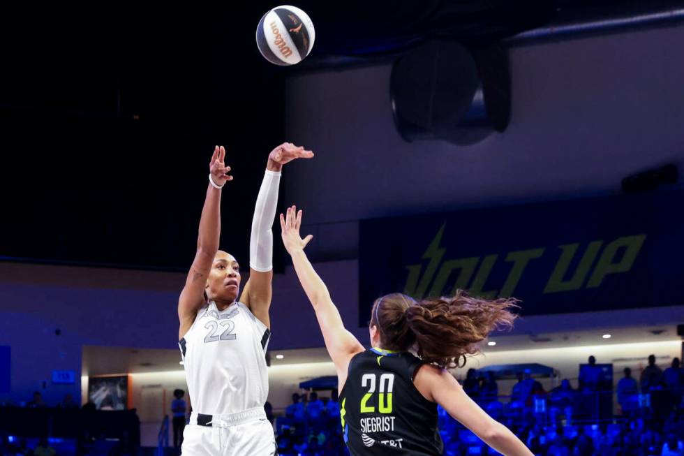 Las Vegas Aces center A'ja Wilson (left) shoots over Dallas Wings forward Maddy Siegrist during ...
