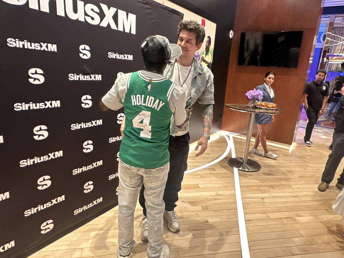 Flavor Flav, left, and John Mayer convene for pics at the launch of SiriusXM Studio at Wynn Las ...