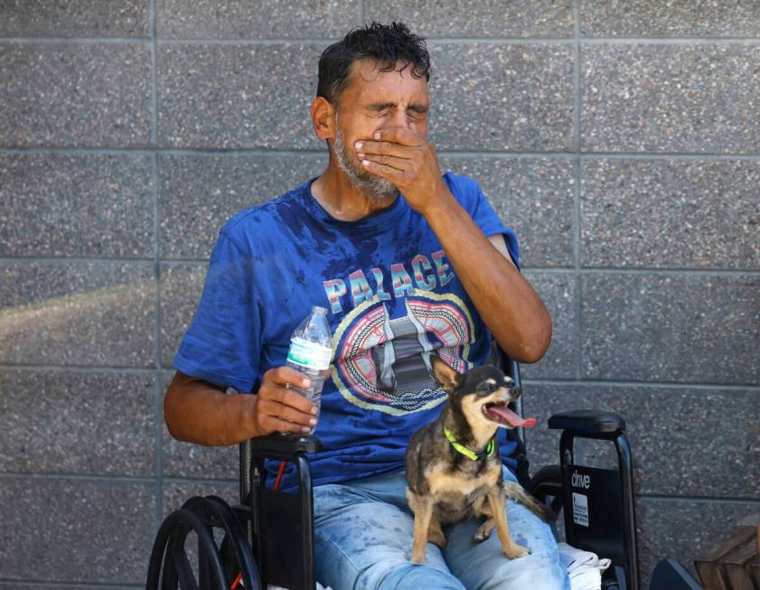 Polly sits on her owner Daniel Zamora's lap as he cools himself with water during a hot day at ...