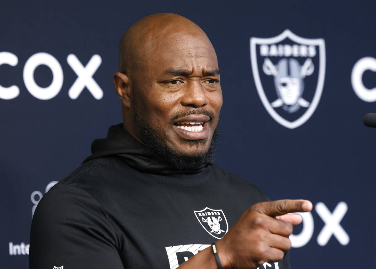 Raiders cornerbacks coach Ricky Manning Jr. addresses the media before organized team activitie ...