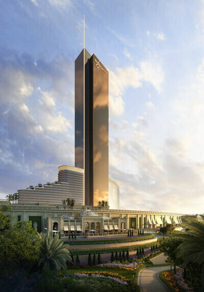 A rendering of the hotel tower at Wynn Al Marjan Island. (Courtesy Wynn Resorts Ltd.)