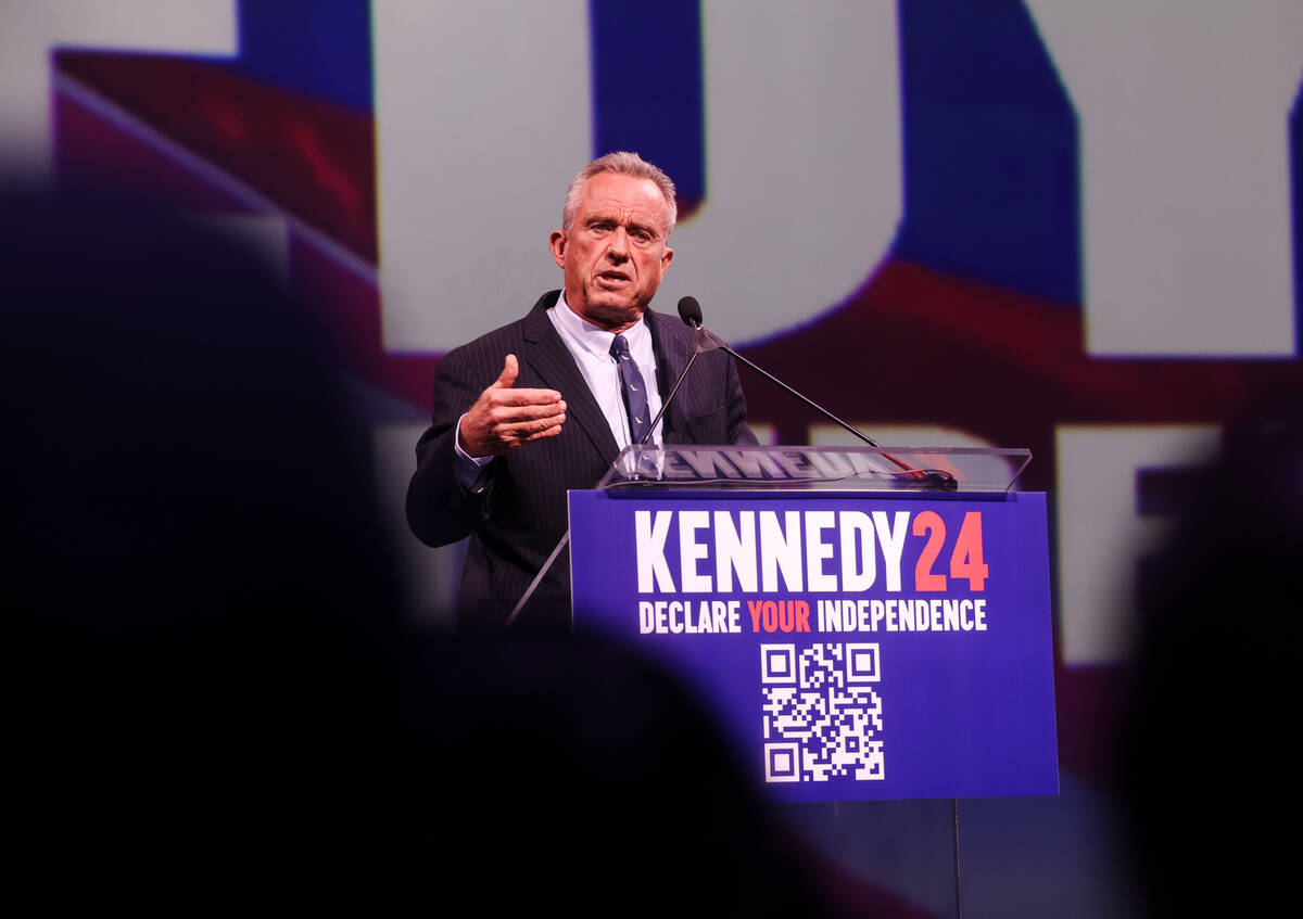 Independent presidential candidate Robert F. Kennedy Jr. speaks to a crowd at Area 15 in Las Ve ...