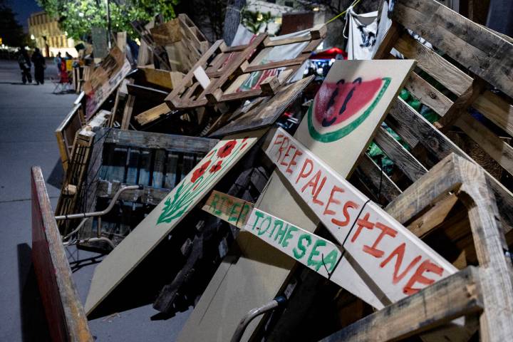 Pro-Palestinian students and activists protest at an encampment in the campus of California Sta ...