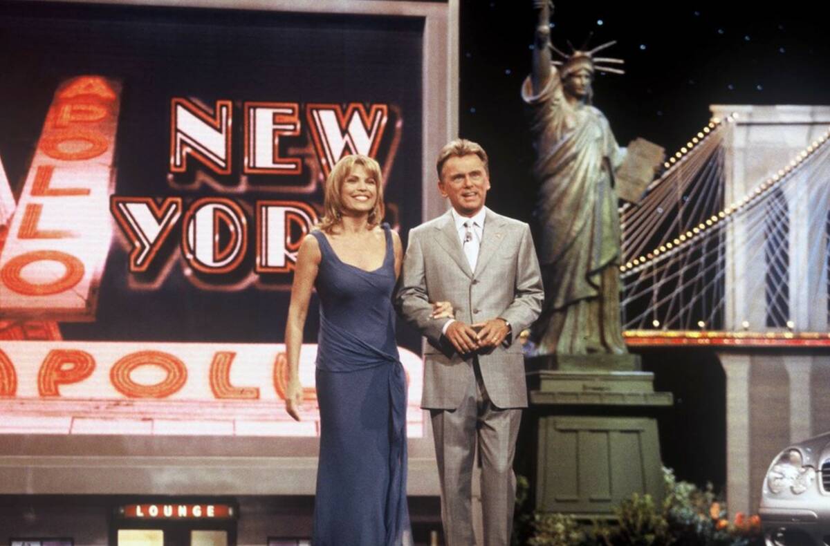Vanna White, left, and Pat Sajak are seen during taping of "The Wheel of Fortune," at New York' ...