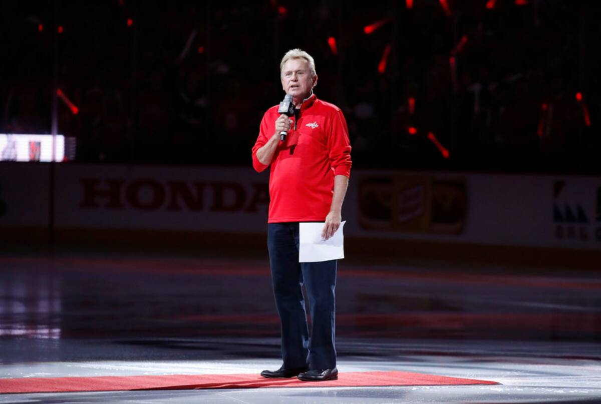 Pat Sajak, a Washington Capitals season ticket holder, introduces the players for the Capitals ...
