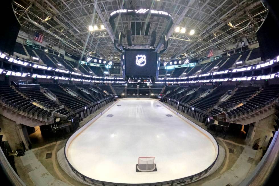 The hockey rink at the Delta Center has new NHL logos Friday, April 19, 2024, in Salt Lake City ...