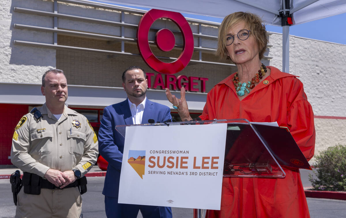 Congresswoman Susie Lee (NV-03) speaks during a press conference at a Target store with local l ...